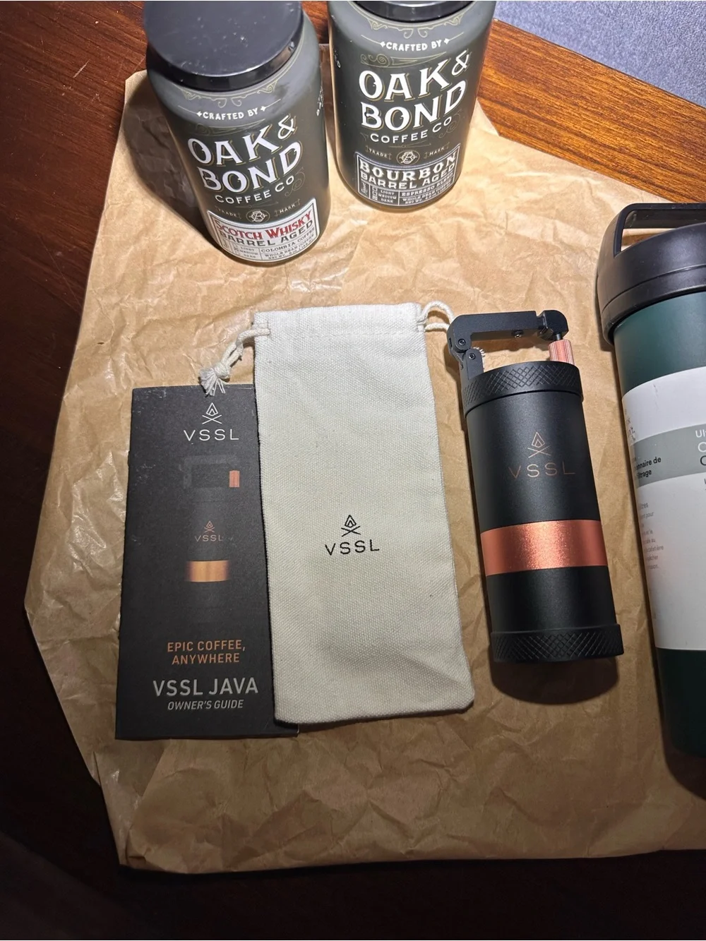 VSSL JAVA Portable Coffee Grinder & Brewer - Black with Copper Accent Set